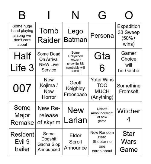 Game Awards BINGOOO Bingo Card