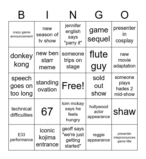 Game Awards Bingo Card