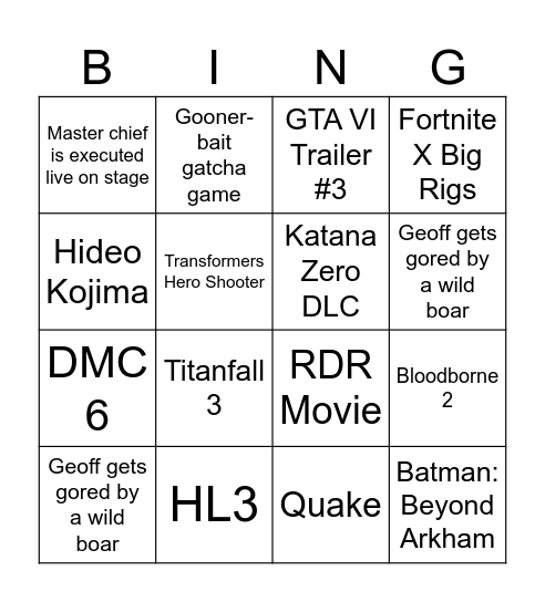 TGA 2025 Bingo Card