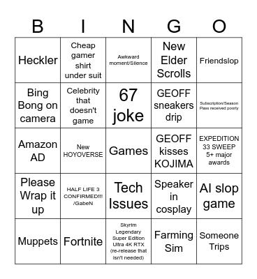 The Game Awards Bingo Card