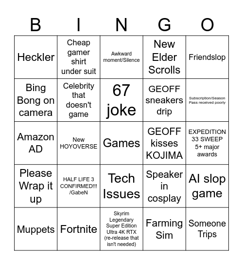 The Game Awards Bingo Card