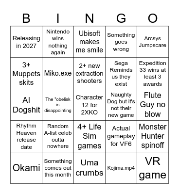 Game Awards 2025 Bingo Card