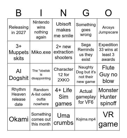 Game Awards 2025 Bingo Card