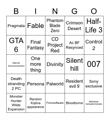 TGA25 Bingo Card