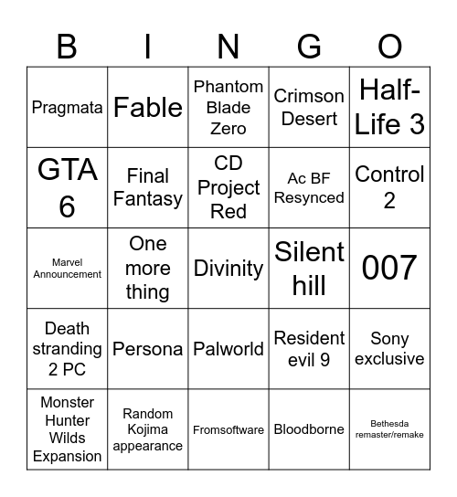 TGA25 Bingo Card