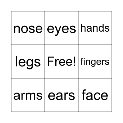 Body parts Bingo Card