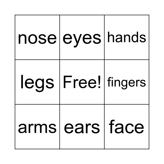 Body parts Bingo Card