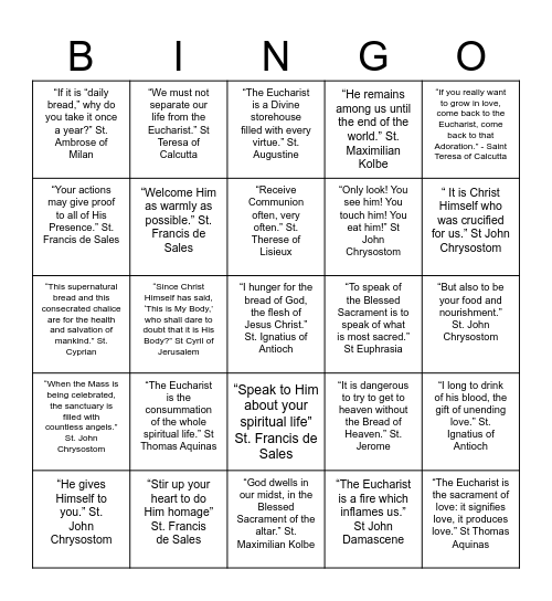 Eucharistic Fire Bingo Card