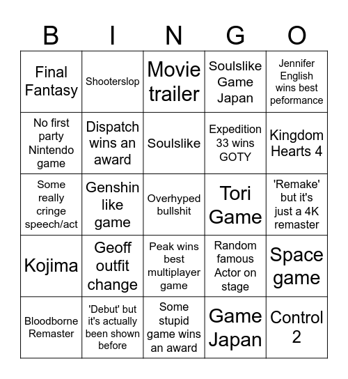Game Awars Bingo Card
