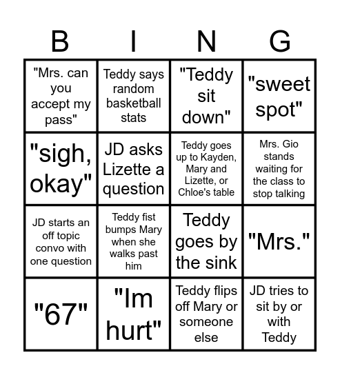 Things that Teddy, JD, and Mrs.Gio say and do Bingo Card