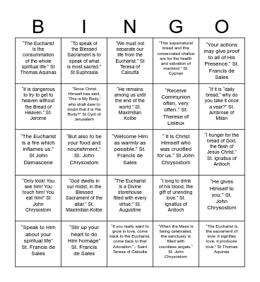 Eucharistic Fire Bingo Card