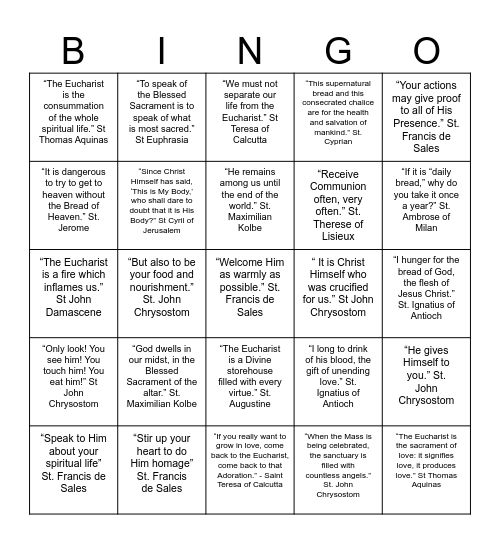 Eucharistic Fire Bingo Card