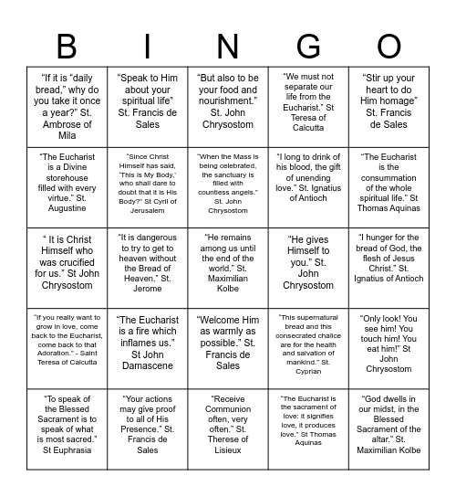 Eucharistic Fire Bingo Card