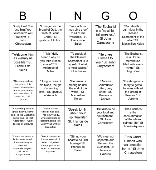 Eucharistic Fire Bingo Card
