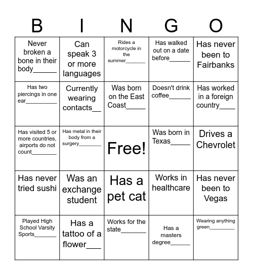 Legacy Adult Mingle Bingo Card