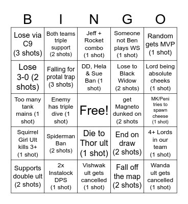 Marvel Rivals Drinking Game Bingo Card