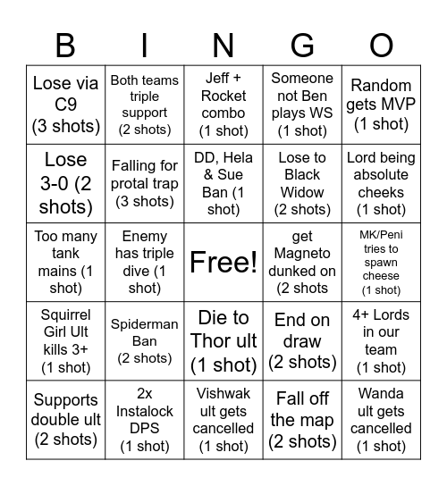 Marvel Rivals Drinking Game Bingo Card