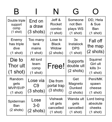 Marvel Rivals Drinking Game Bingo Card