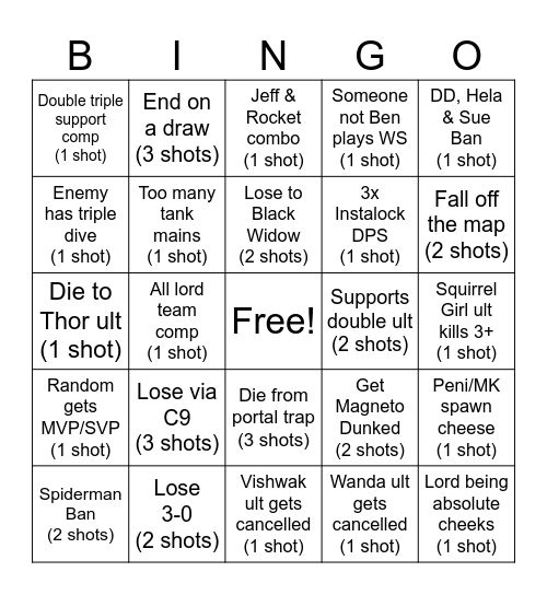 Marvel Rivals Drinking Game Bingo Card