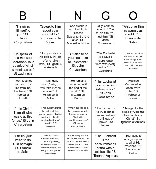 Eucharistic Fire Bingo Card
