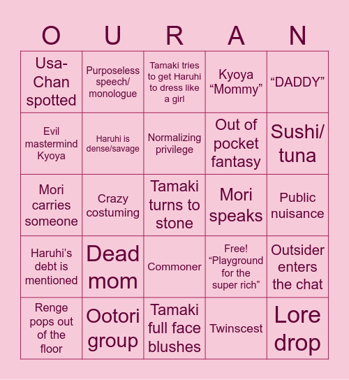 Ouran High School Host Club Bingo Card