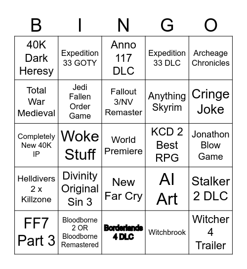 Game Awards 2025 Bingo Card