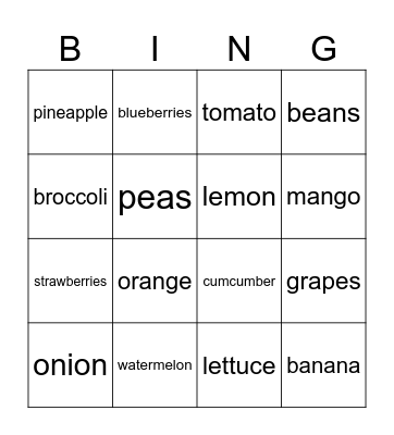 fruits and vegetables Bingo Card