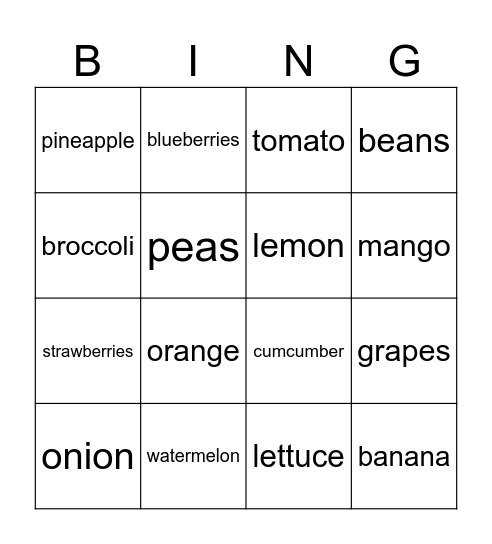 fruits and vegetables Bingo Card