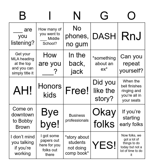 Mr. Waterman Bingo Card