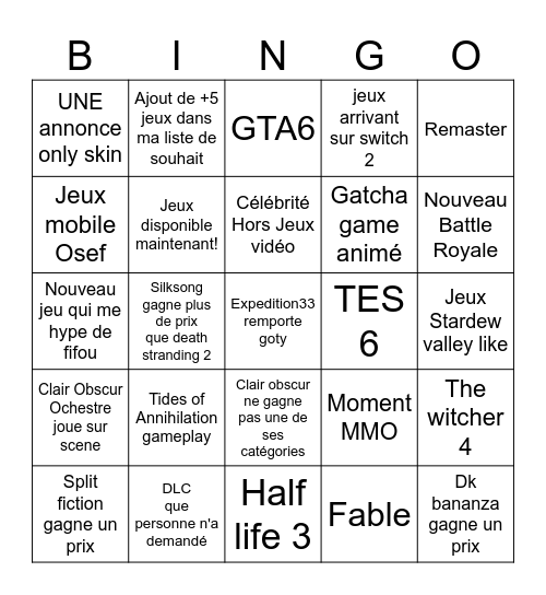 Game award bingo Card