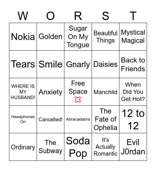 Buckley Worst Songs 2025 Bingo Card