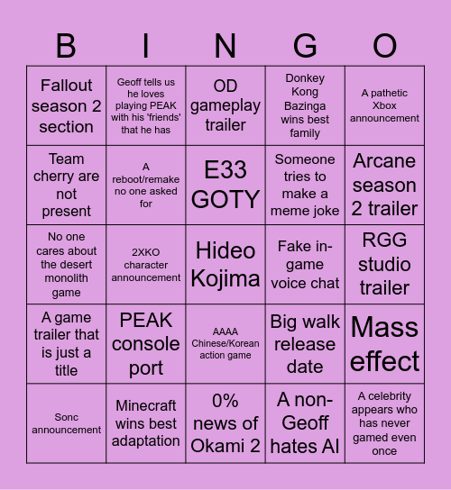 The binGAwards Bingo Card