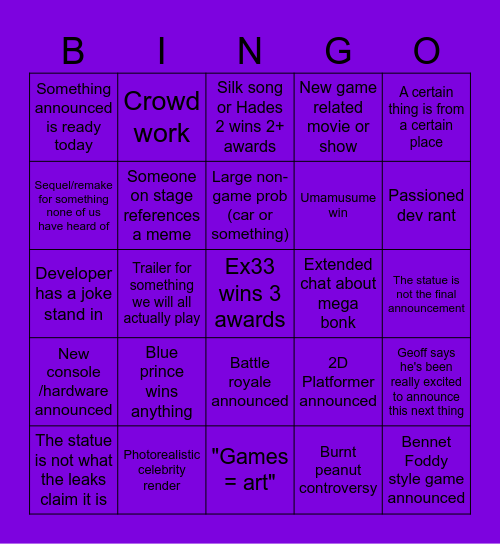 Game awards Bingo Card