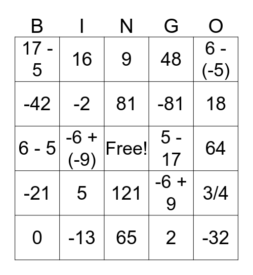 Math Facts Bingo Card