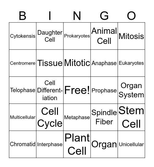 Cells to Organisms Bingo Card