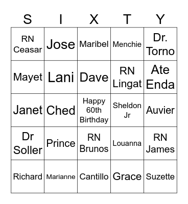 60th BIRTHDAY BINGO Card