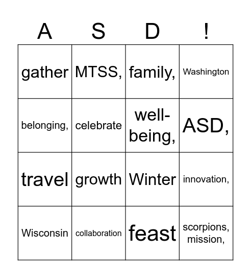 ASD Winter Party 2025-2026 Bingo Card