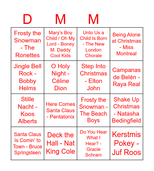 DMM Kerst Muziek Bingo Card