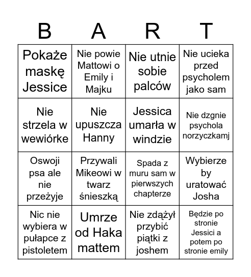 Until Dawn Bingo Card