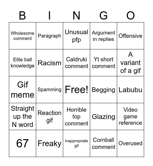 Instagram comment bingo Card