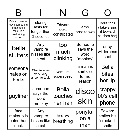Twilight Drinking Game Bingo Card