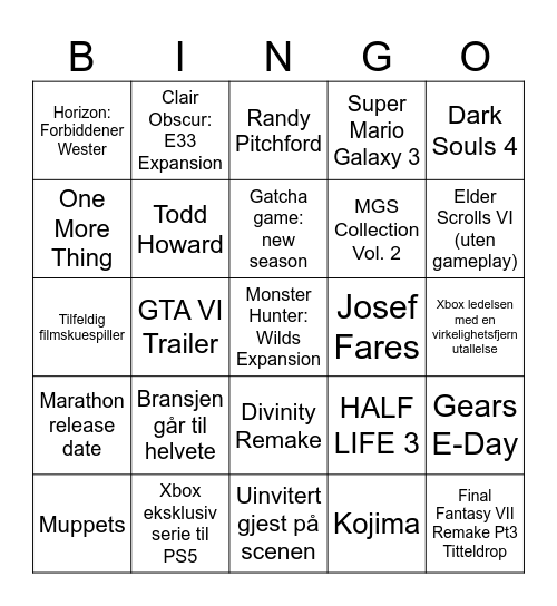 GAME AWARDS Bingo Card