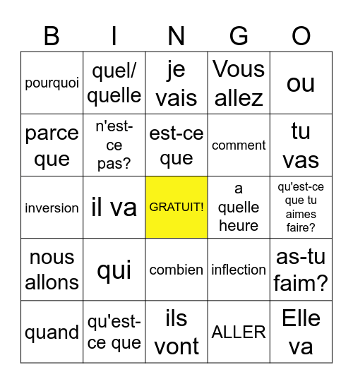 French Question Words Bingo Card