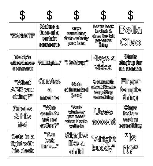 $ Bingo Card