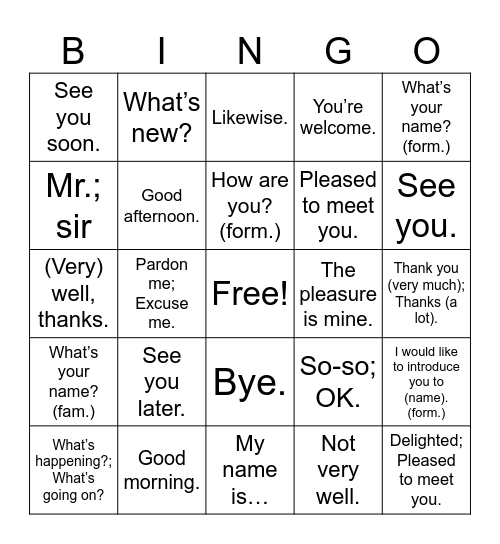 VHL Leccion 1: Hola como estas? Bingo Card