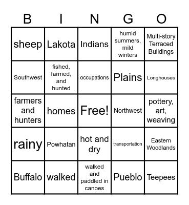 Indigenous People Bingo Card