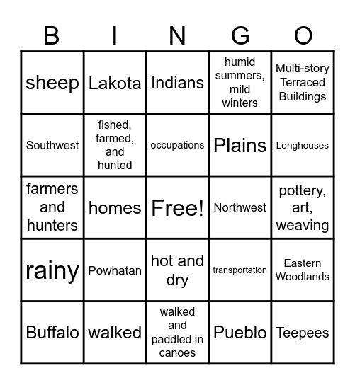 Indigenous People Bingo Card