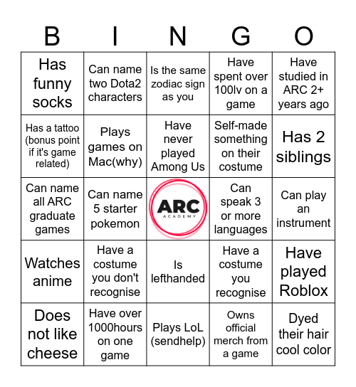 ARC Christmas Party Bingo Card