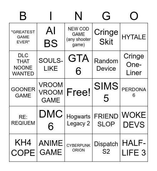 Game Awards 2025 Bingo Card
