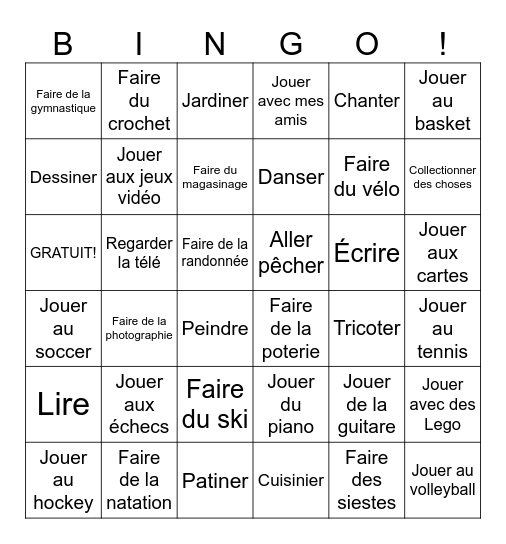 Loisirs et intérêts Bingo Card